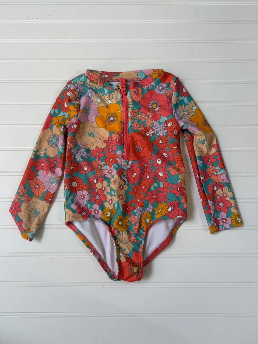 (026)Carter's Girls Floral Long-Sleeve Rashguard Swimsuit - Coral, Teal, Yellow